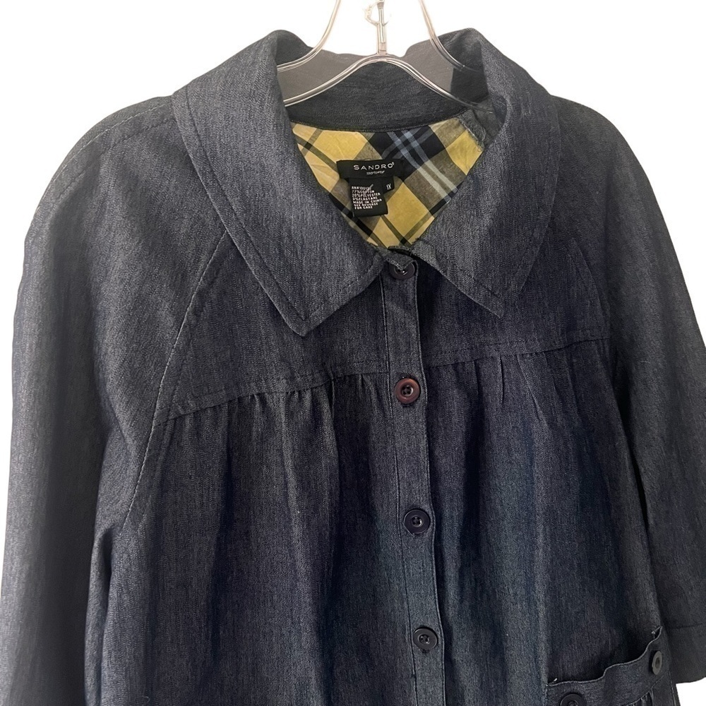Sandro Dark Denim Button-Up Coat with Yellow Plaid Lining